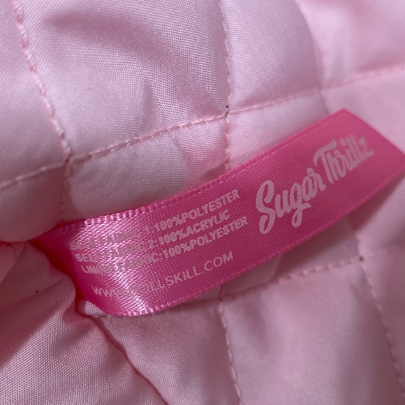 SUGAR THRILLZ High Class Heiress Brocade Coat Jacket Faux Fur Trim Beige Pink L - Picture 8 of 9